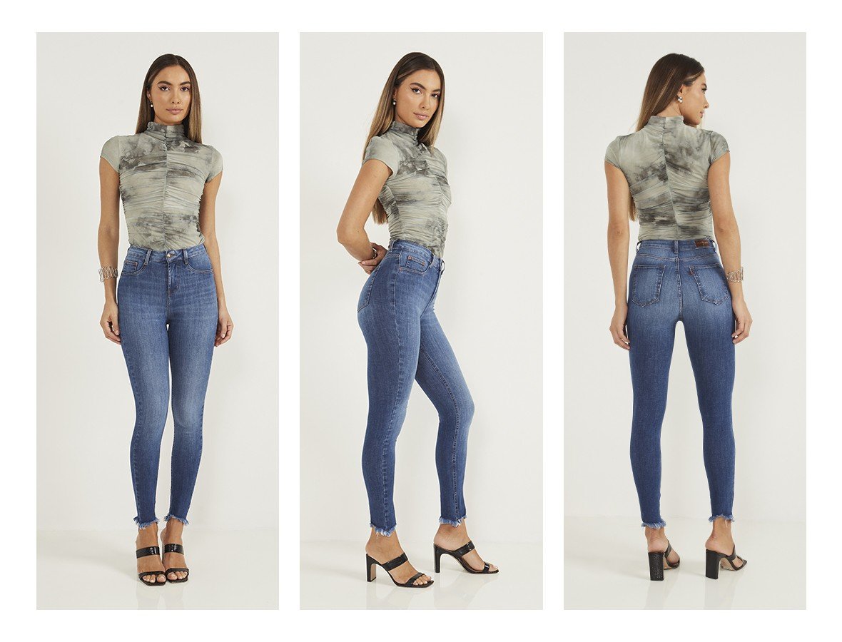 dz20613 ts calca jeans feminina skinny cigarrete com barra irregular e desfiada trio