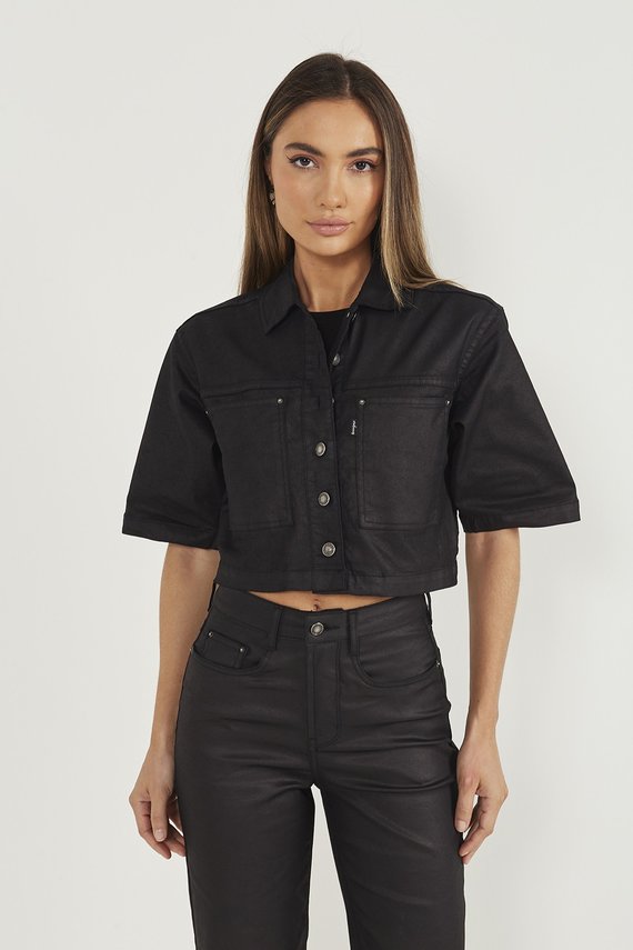 Camisa Jeans Feminina Oversize Cropped Manga Curta - DZ9195