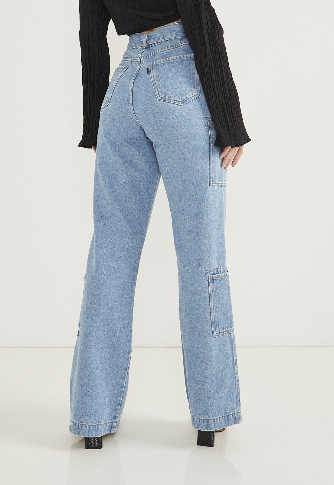 dz20646 alg calca jeans feminina wide leg utilitaria com recortes frontais costas prox