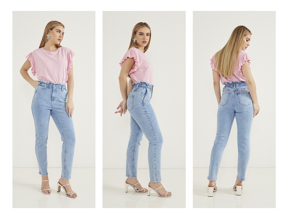 dz20626 com calca jeans feminina mom fit cigarrete com elastico no cos trio