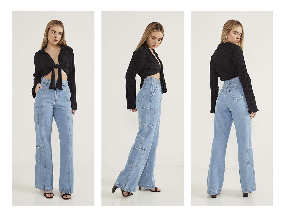 dz20646 alg calca jeans feminina wide leg utilitaria com recortes frontais trio