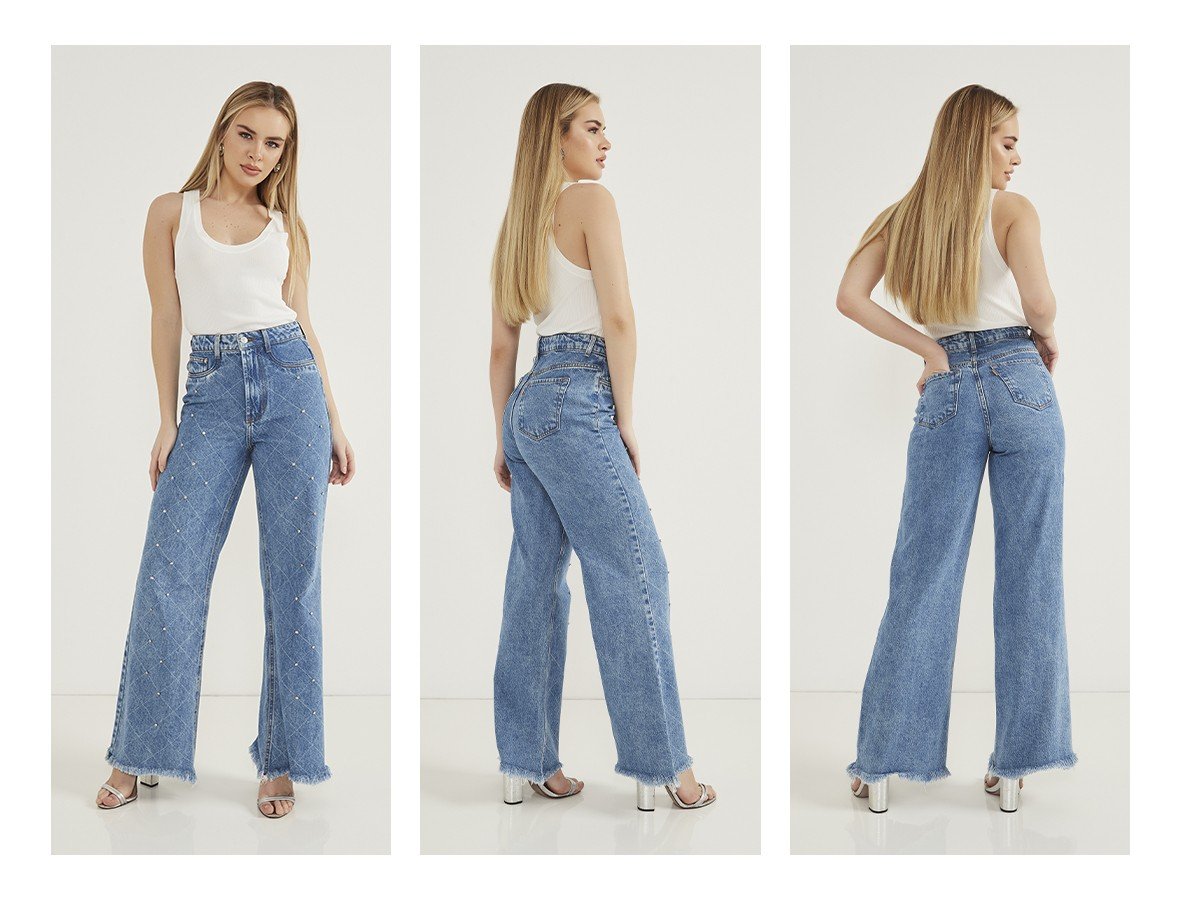 dz20647 alg calca jeans feminina wide leg com aplicacao de strass na parte frontal trio