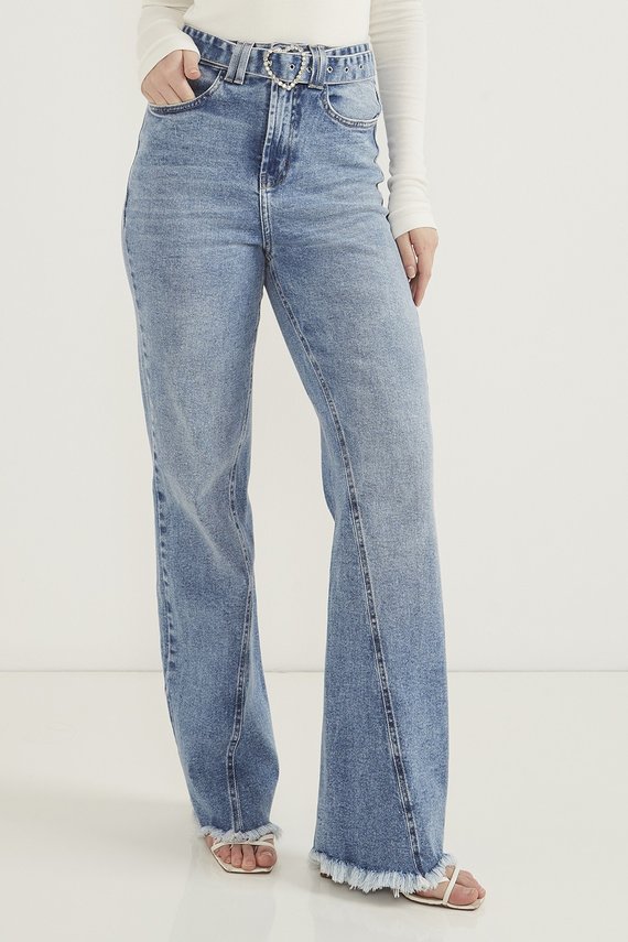 Calça Jeans Feminina Wide Leg Fit Recortes na Diagonal - DZ20651