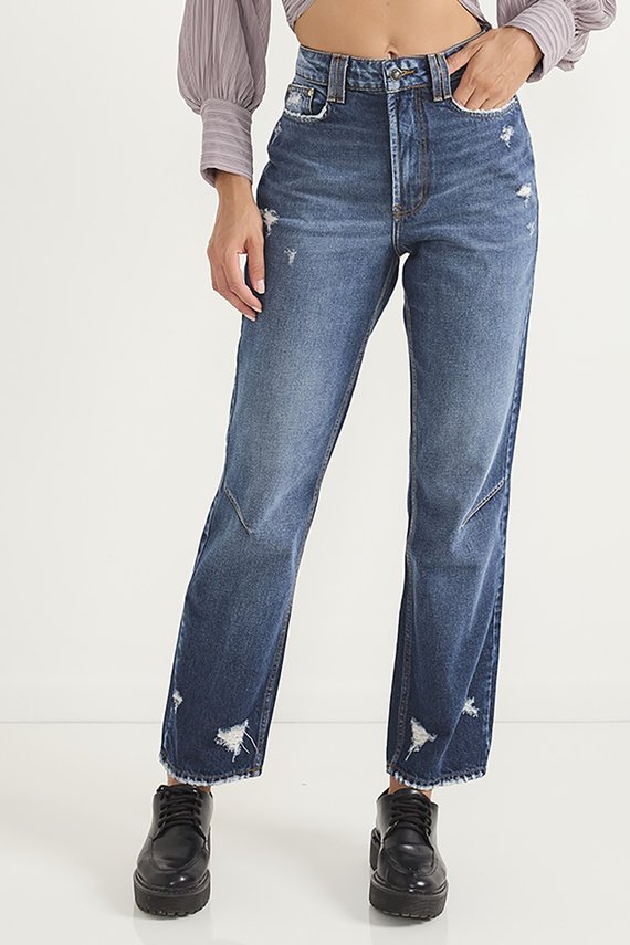 Calça Jeans Feminina Reta Cintura Alta com Puídos e Barra Diferenciada - DZ20668