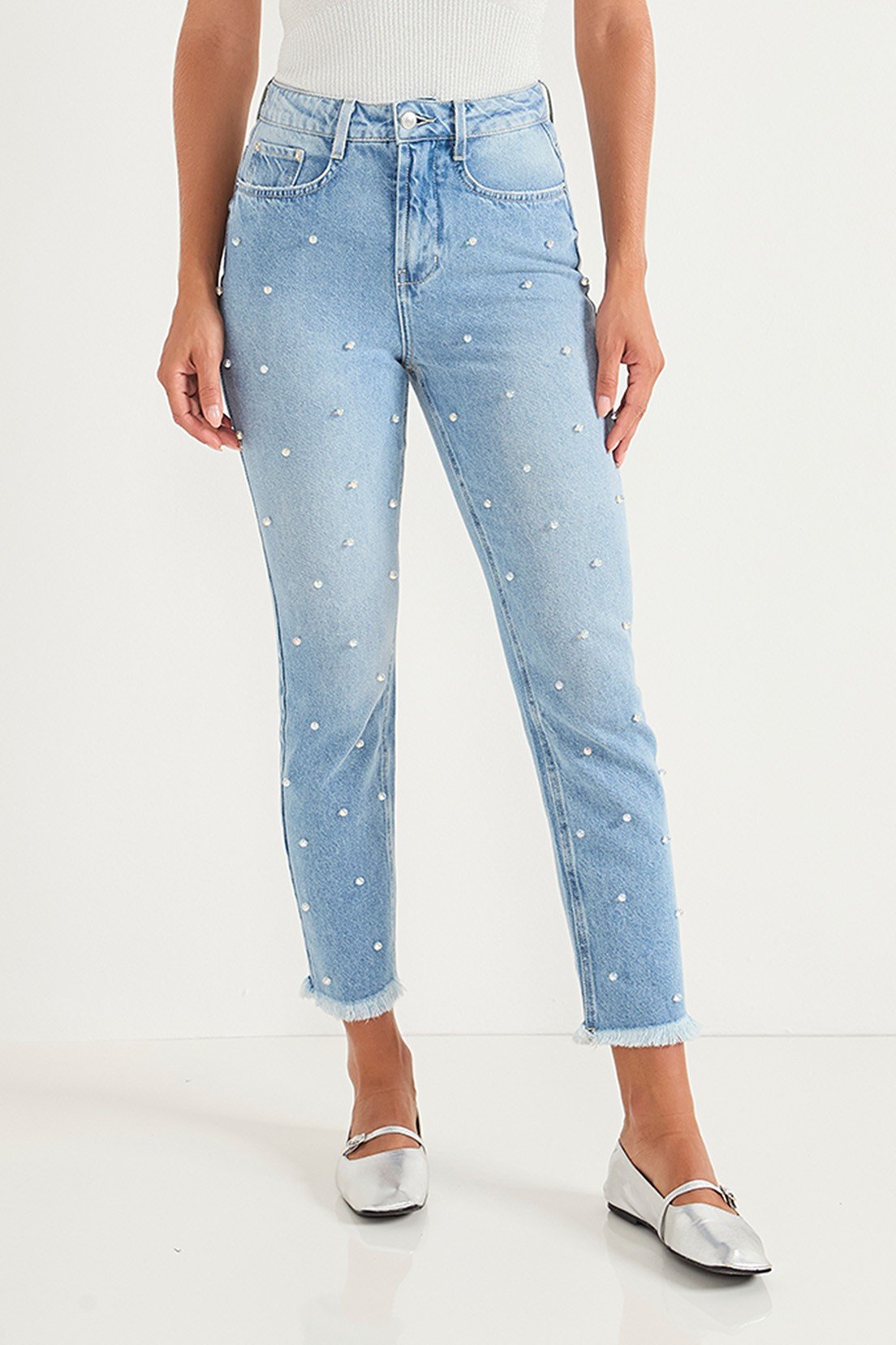 dz20707 alg calca jeans feminina mom cigarrete com pedraria frente crop