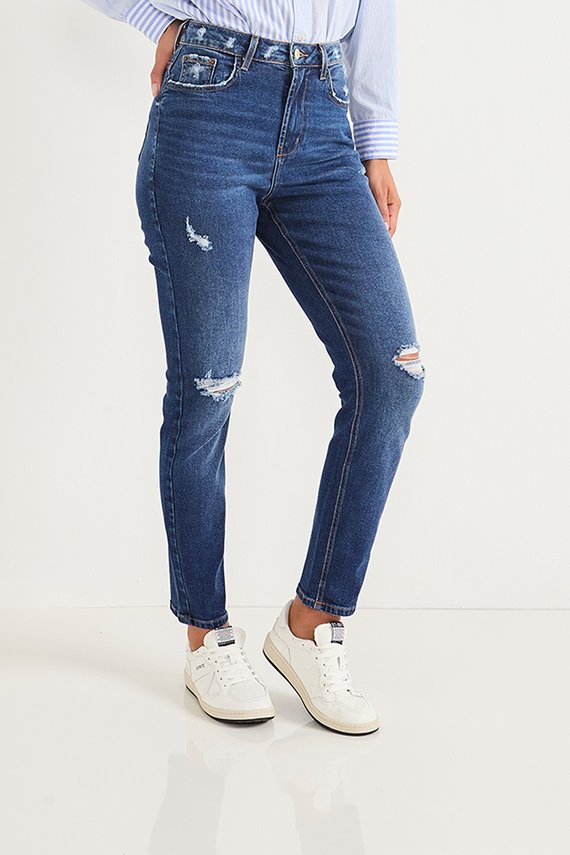 Calça Jeans Feminina Mom Fit Cigarrete com Puídos - DZ20709