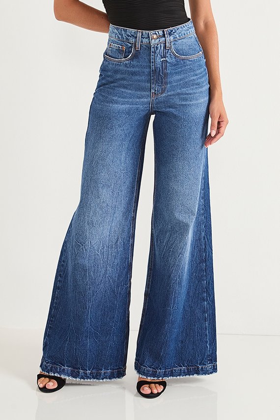 Calça Jeans Feminina Pantalona Cintura Alta - DZ20715