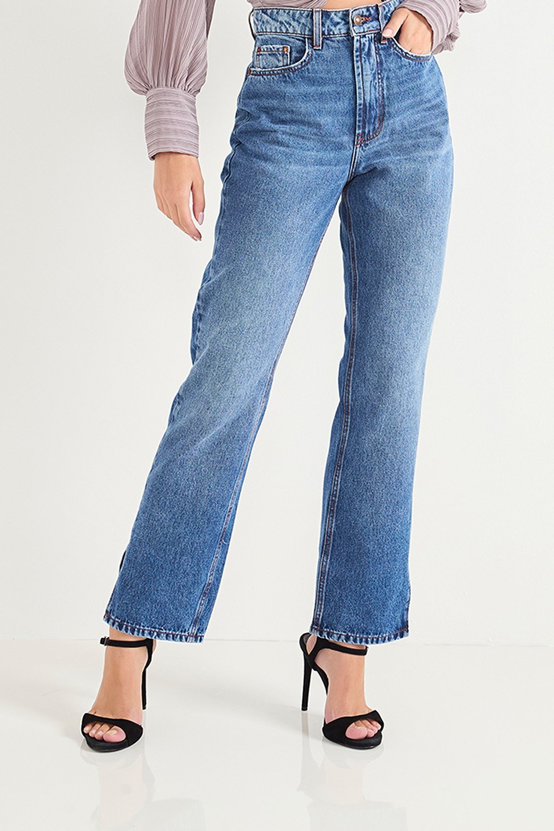 dz20716 alg calca jeans feminina reta cintura alta com abertura na barra frente crop 1