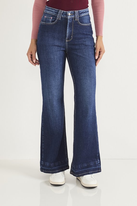 Calça Jeans Feminina Wide Leg Fit com Barra Dupla - DZ20743