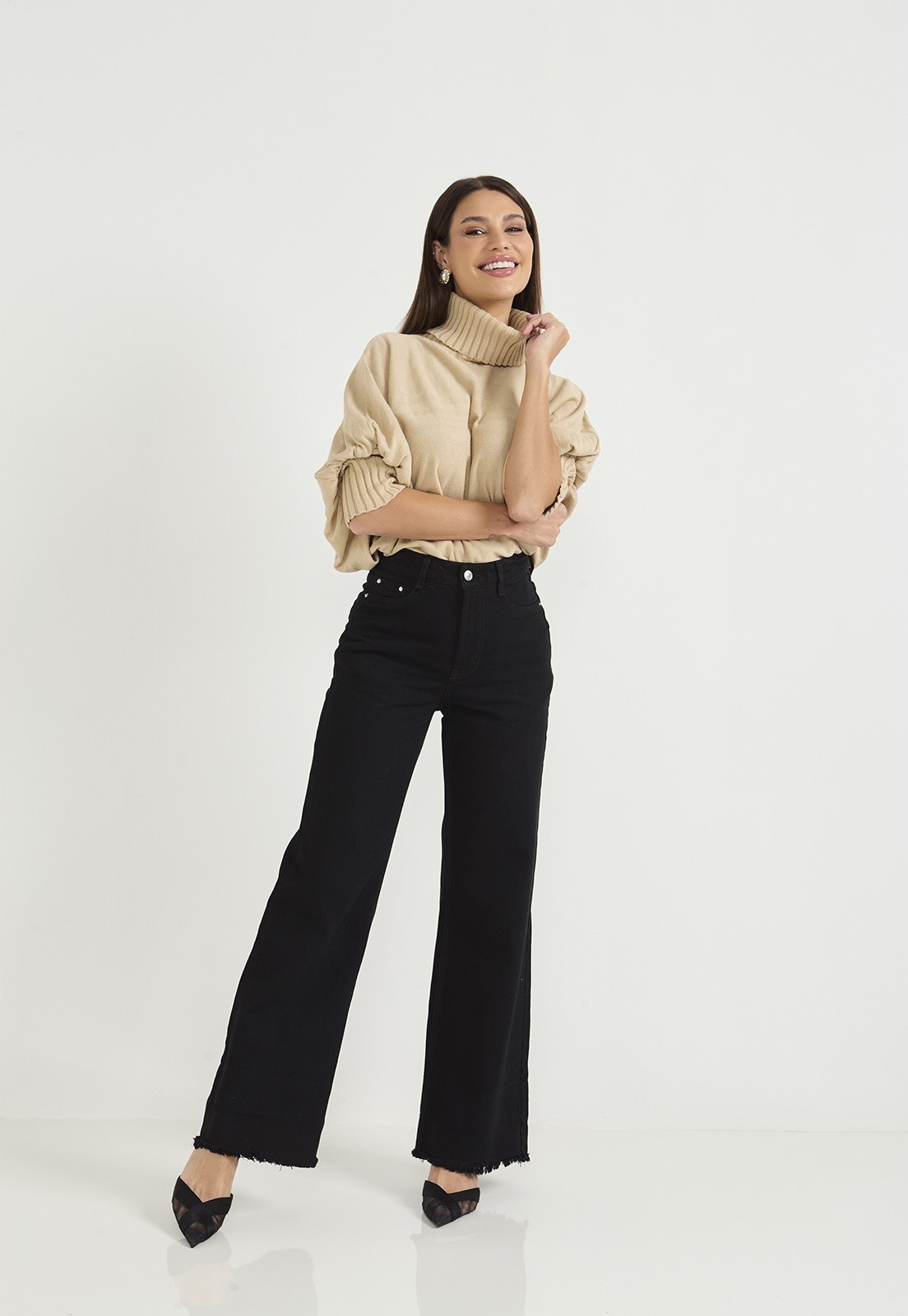 Calça Jeans Feminina Wide Leg Tradicional Preta DZ20811