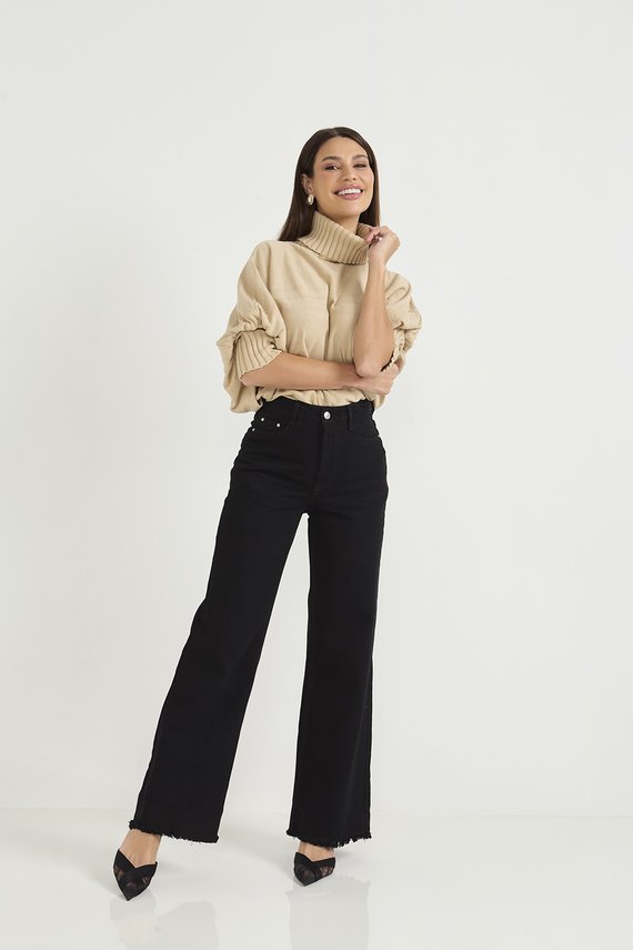 Calça Jeans Feminina Wide Leg Tradicional Preta - DZ20811