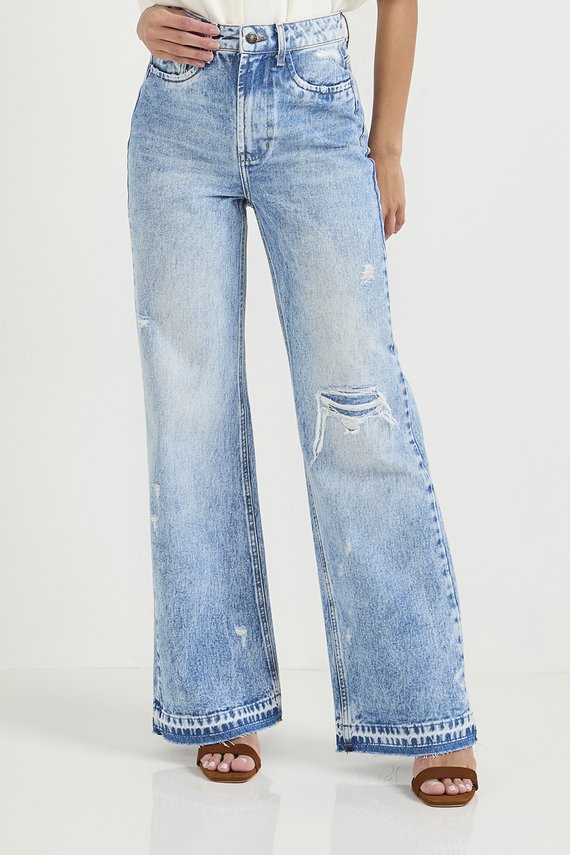 Calça Jeans Feminina Wide Leg com Puídos - DZ20777