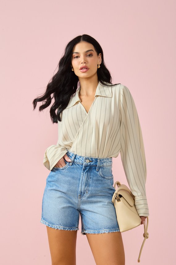 Bermuda Jeans Feminina Retro Meia-Coxa com Cintura Alta - DZ4084