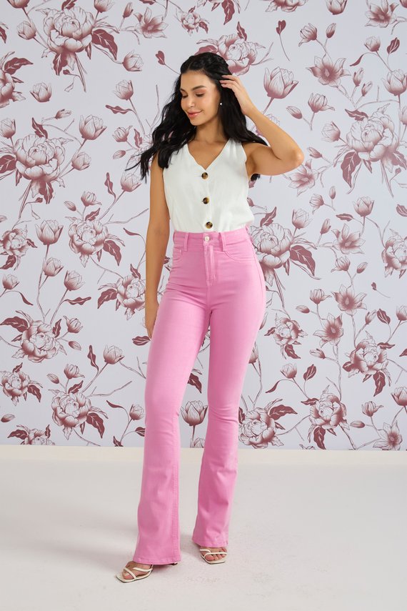 Calça Jeans Feminina Flare Alongada Cintura Hot Pants - DZ20815