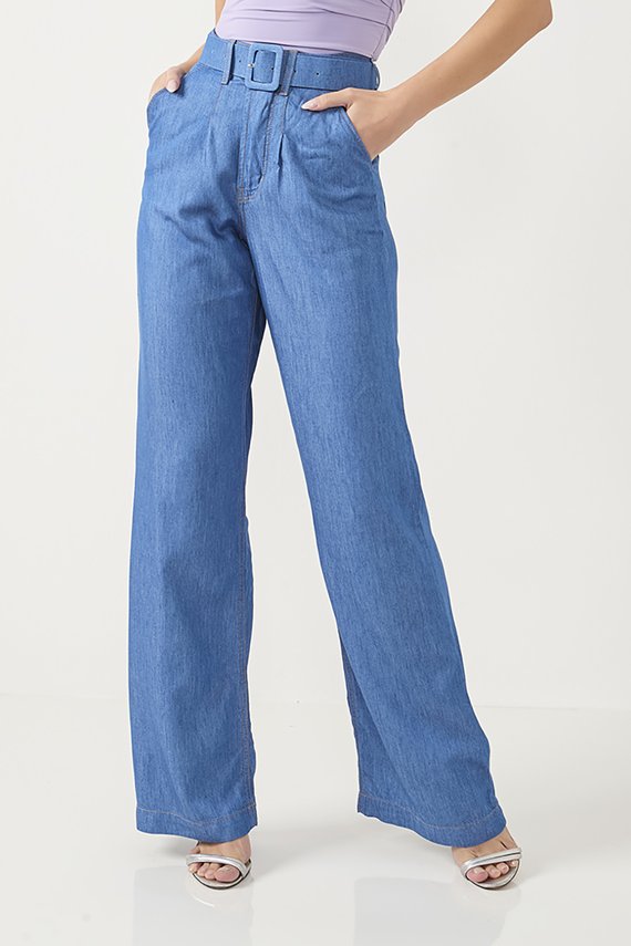 Calça Jeans Feminina Wide Leg Tradicional com Cinto - DZ20829