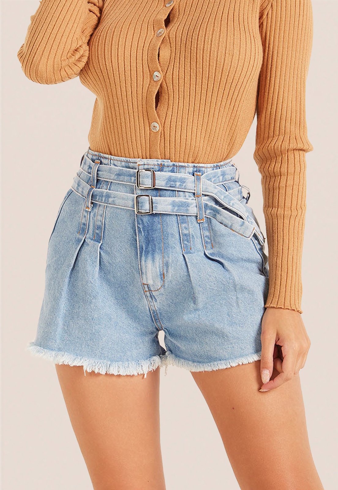 dz6563 alg shorts jeans feminino setentinha com cinto frente prox2