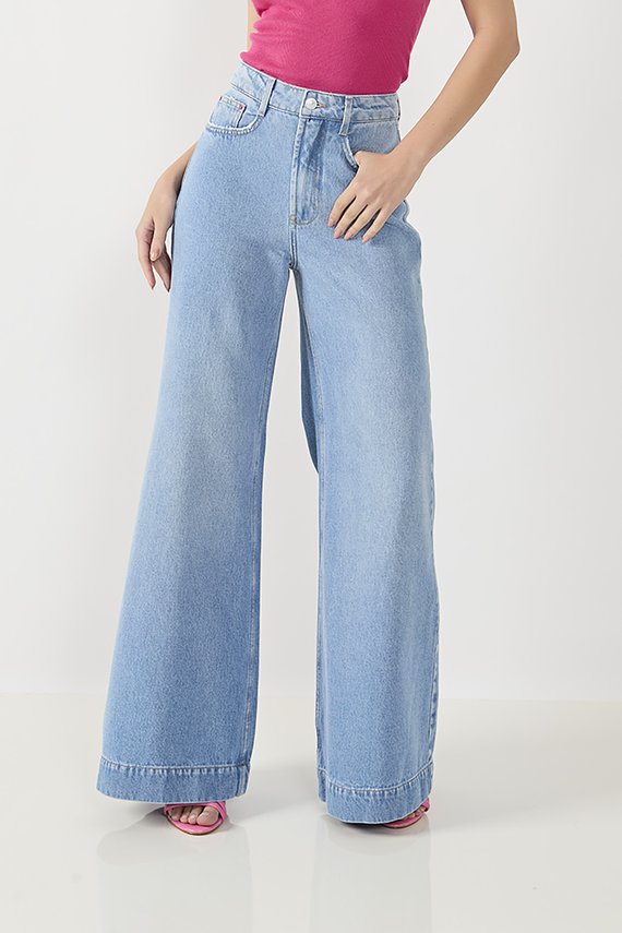 Calça Jeans Feminina Pantalona com Barra Dupla - DZ20847