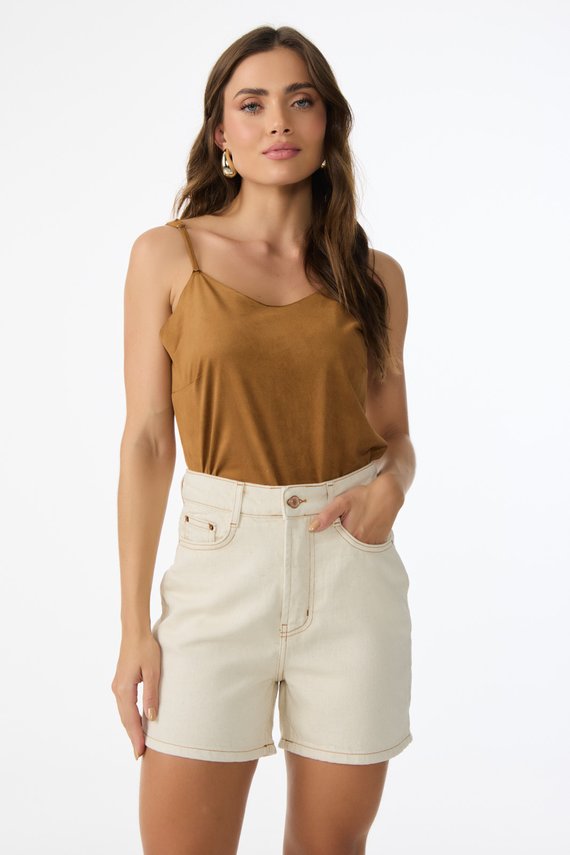 Bermuda Jeans Feminina Retrô Meia Coxa Bege - DZ4096