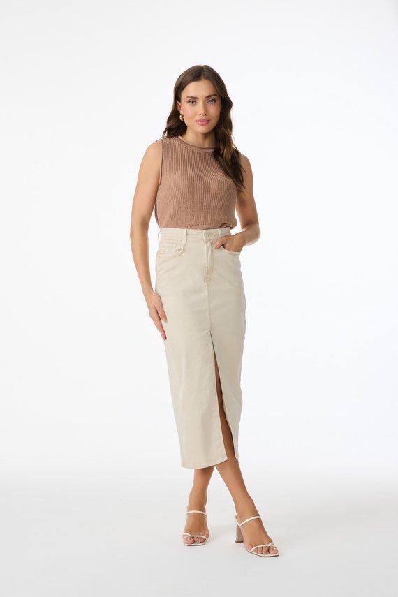 Saia Jeans Feminina Regular Midi Fit Bege - DZ7306.B