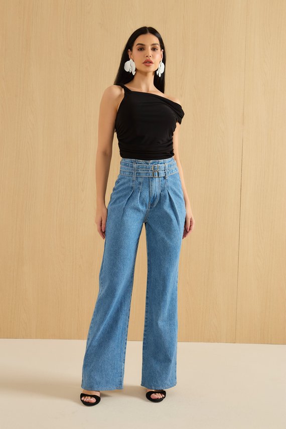 Calça Jeans Feminina Wide Leg com Cintos - DZ20912