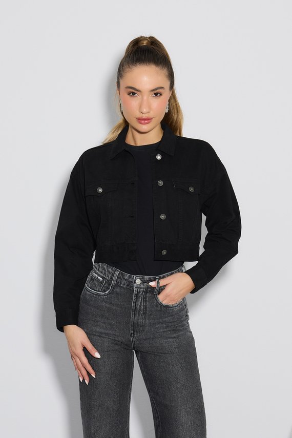 Jaqueta Jeans Feminina Retro Cropped Preta - DZ9222.P
