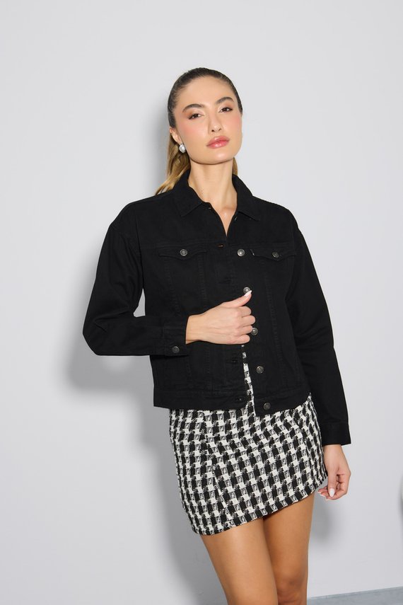 Jaqueta Jeans Feminina Retro Tradicional Manga Longa Preta - DZ9223.P