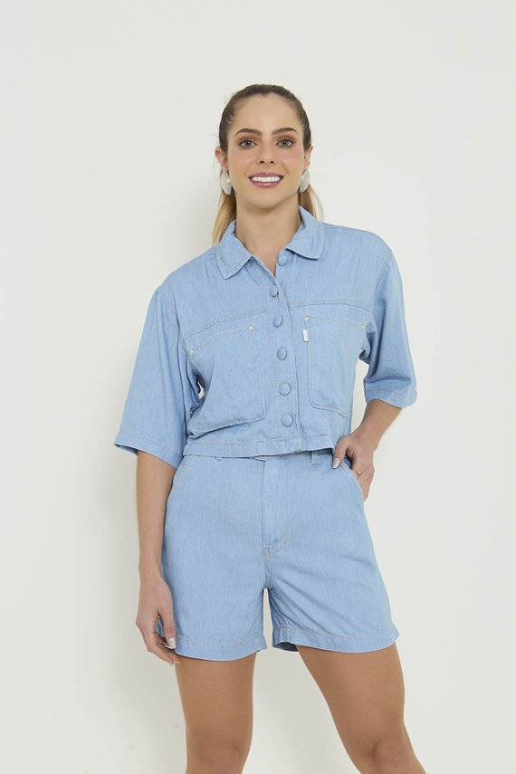 Camisa Jeans Feminina Oversized Cropped Manga Curta - DZ11169