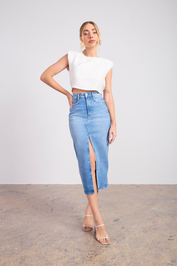Saia Jeans Feminina Regular Midi Fit com Abertura Frontal - DZ7314