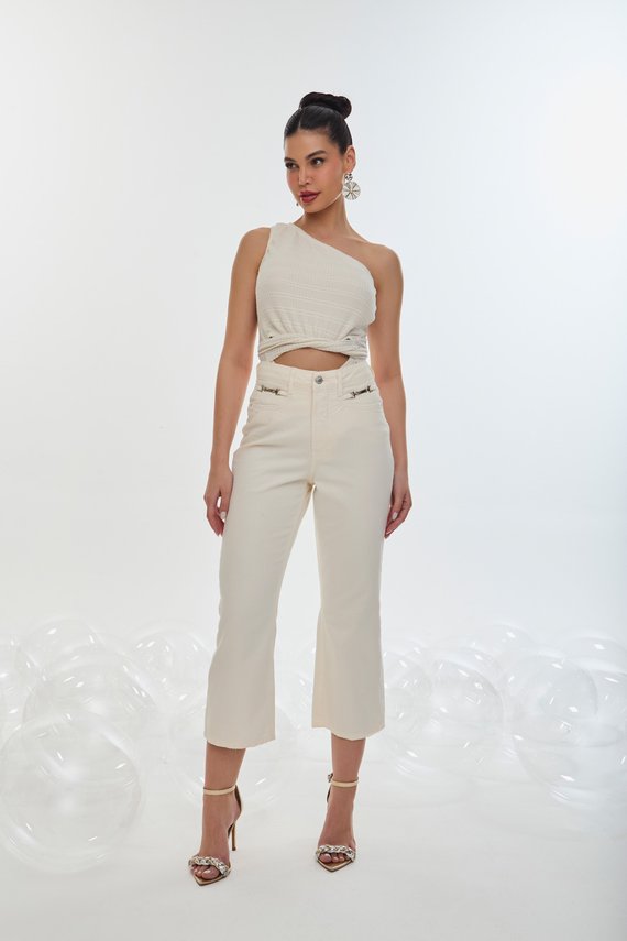 Calça Jeans Feminina Wide Leg Cropped Detalhe no Bolso - DZ20903