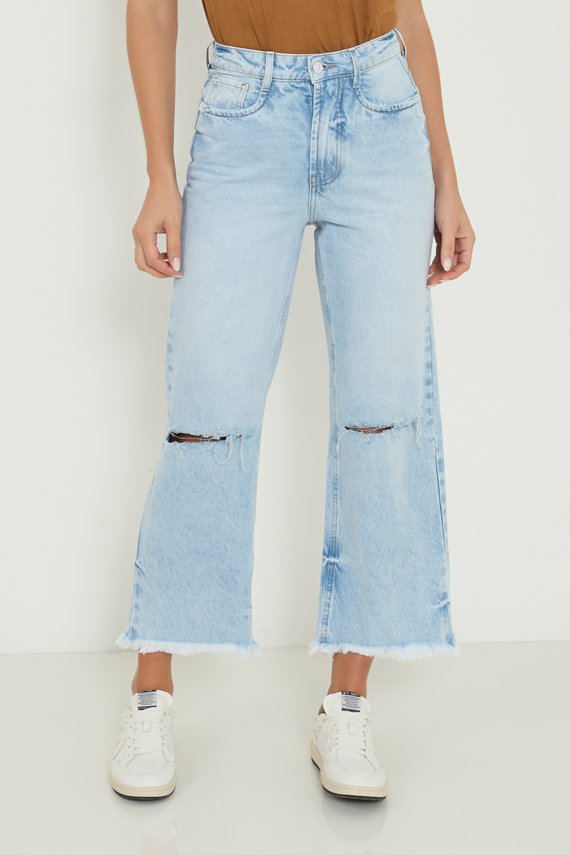 Calça Jeans Feminina Wide Leg Cigarrete com Rasgo no Joelho - DZ20880