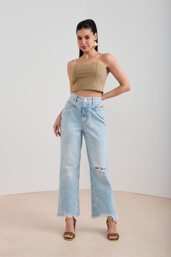 Calça Jeans Feminina Wide Leg Cigarrete com Abertura no Cós - DZ20494