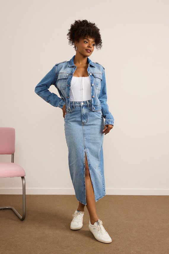 Saia Jeans Feminina Midi com Abertura Frontal - DZ7321