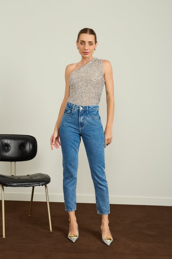 Calça Jeans Feminina Mom Cigarrete com Strass - DZ20950
