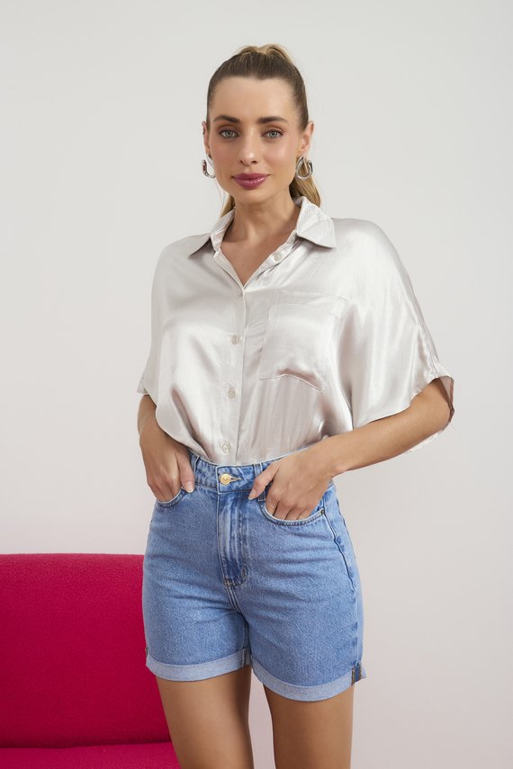 Bermuda Jeans Feminina Retrô Meia Coxa com Barra Dobrada - DZ4106