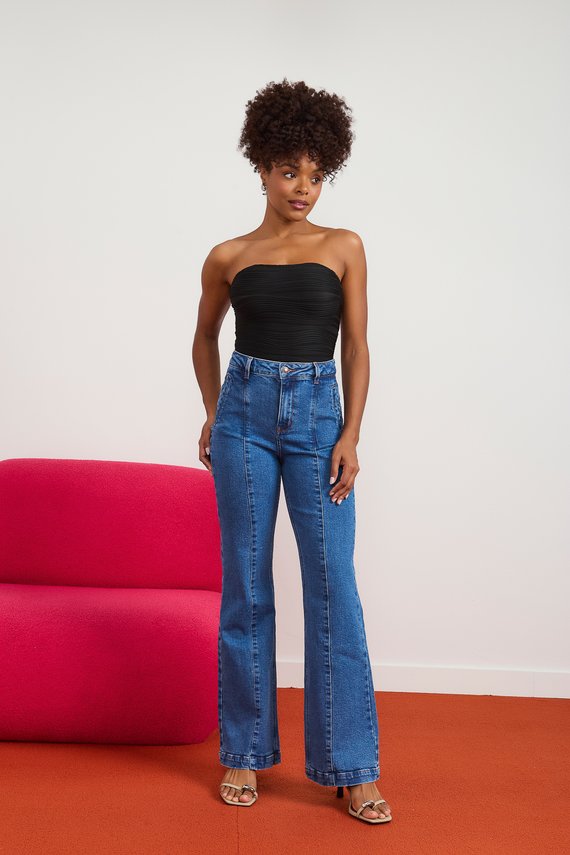 Calça Jeans Feminina Wide Leg Fit Alongada com Recortes - DZ21050