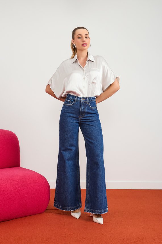 Calça Jeans Feminina Pantalona Alongada com Barra Larga - DZ21051