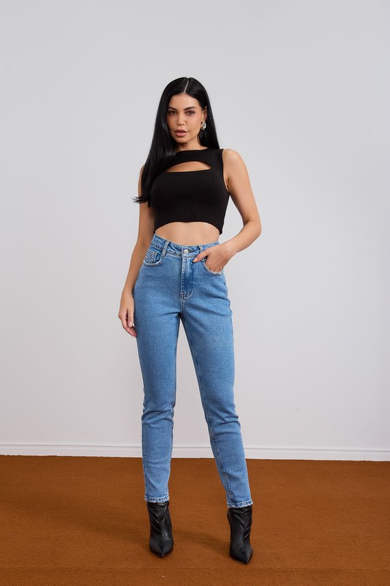 Calça Jeans Feminina Mom Fit Cigarrete com Cintura Alta - DZ21084