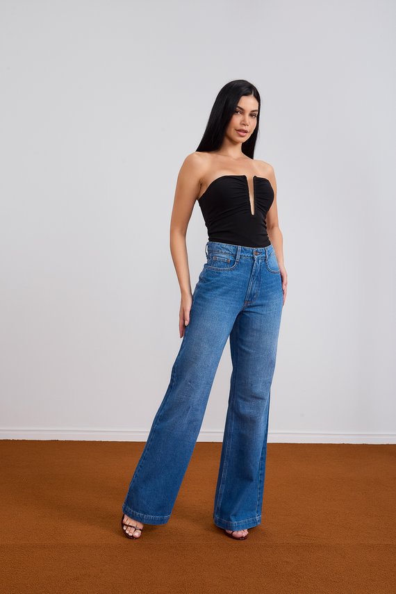 Calça Jeans Feminina Wide Leg Alongada com Cintura Alta - DZ21092