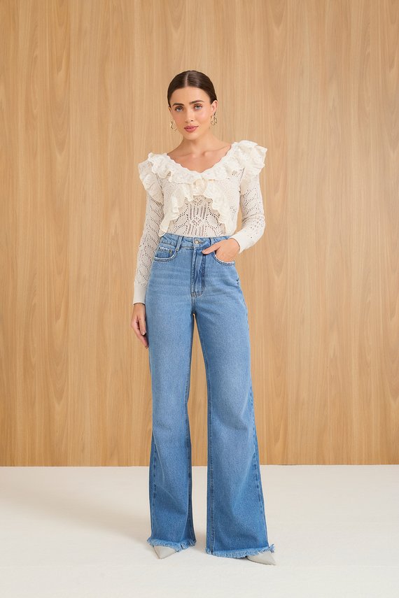 Calça Jeans Feminina Wide Leg Alongada com Cintura Alta - DZ21093