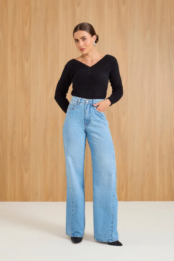 Calça Jeans Feminina Wide Leg Alongada com Cintura Alta - DZ21094