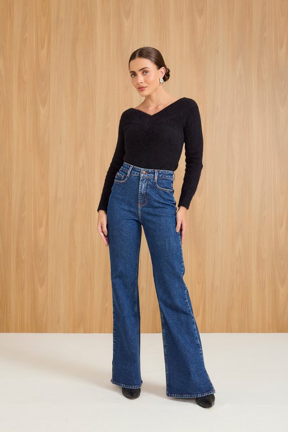 Calça Jeans Feminina Wide Leg Fit Alongada com Cintura Alta - DZ21095