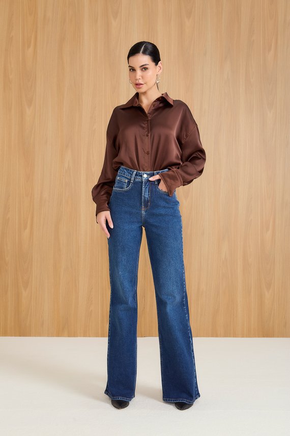 Calça Jeans Feminina Wide Leg Fit Alongada com Cintura Alta - DZ21097