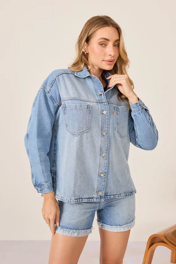 Jaqueta Jeans Feminina Shacket Alongada com Manga Longa - DZ9242