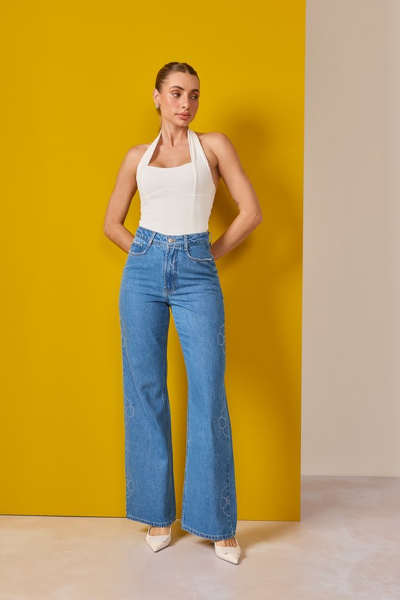 Calça Jeans Feminina Wide Leg Alongada com Cintura Alta - DZ21160