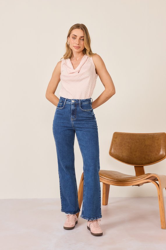 Calça Jeans Feminina Wide Leg Fit Cigarrete com Cintura Alta - DZ21162