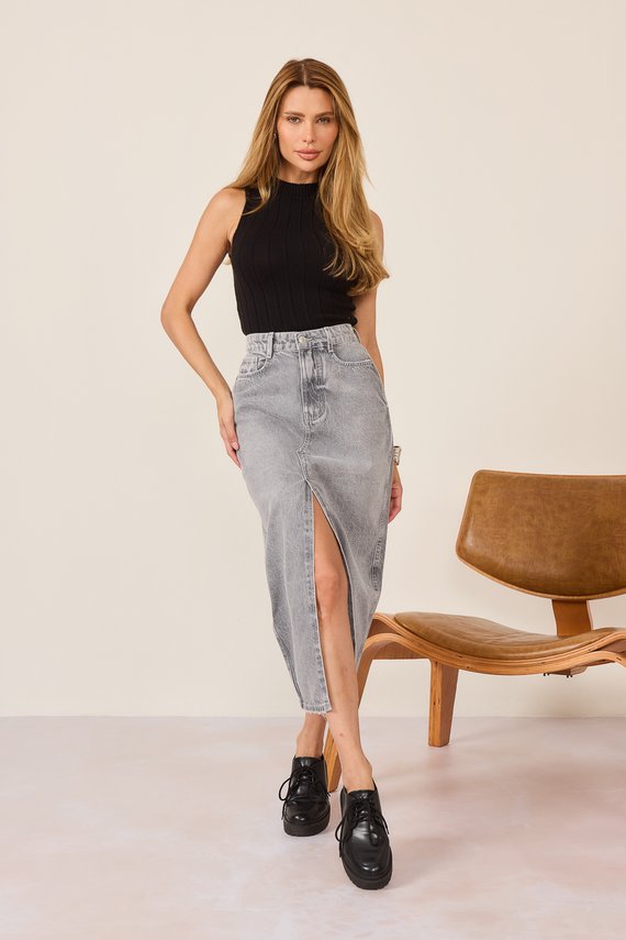 Saia Jeans Feminina Regular Midi com Cintura Alta - DZ7327