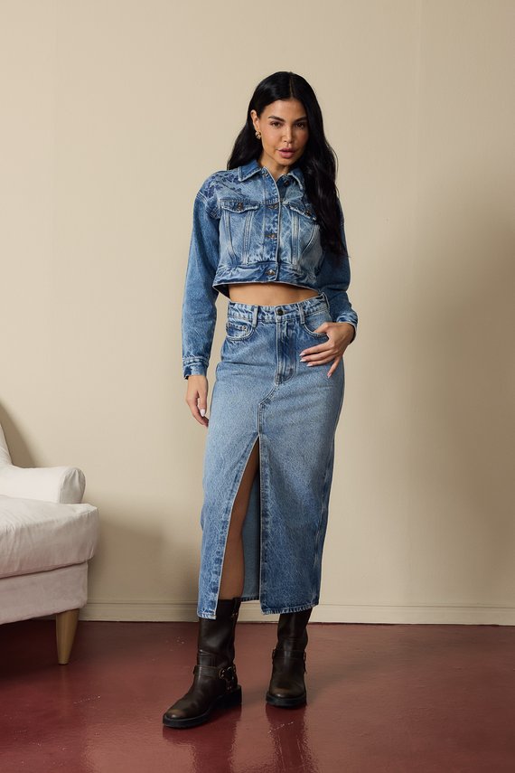 Saia Jeans Feminina Regular Midi com Cintura Alta - DZ7323