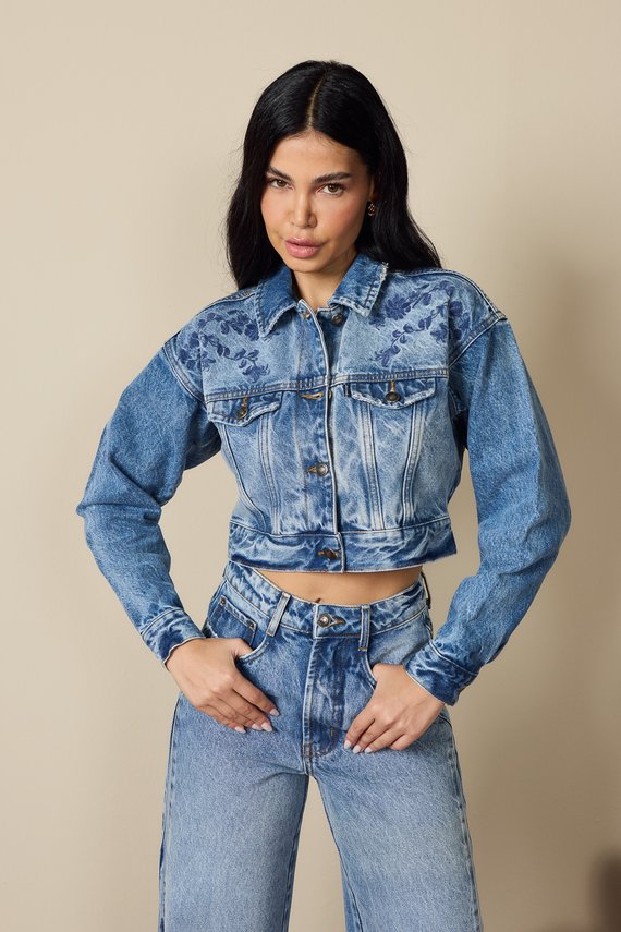 Jaqueta Jeans Feminina Retrô Cropped com Manga Longa - DZ9236