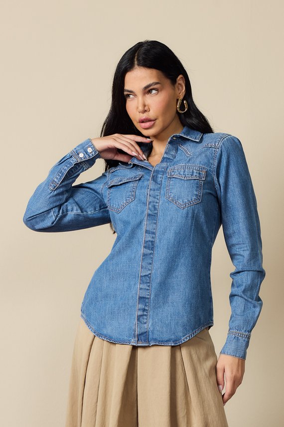 Camisa Jeans Feminina Ajustada Tradicional com Manga Longa - DZ11172