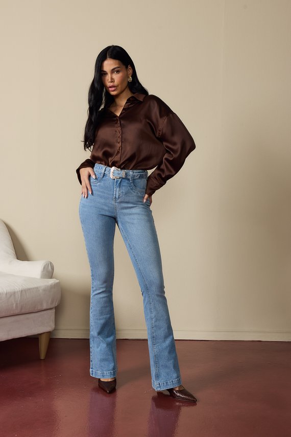 Calça Jeans Feminina Flare Alongada com Cintura Média - DZ21102